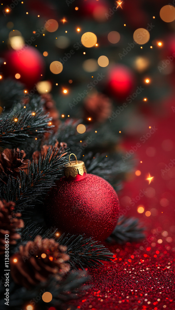 Poster a red ornament is placed on a red background with a tree in the background. the tree is surrounded b