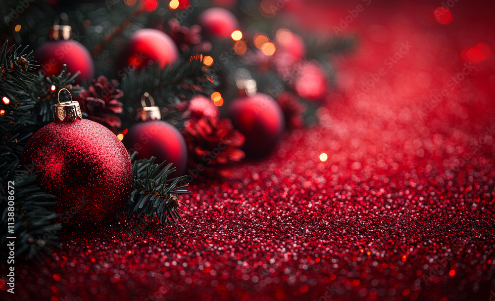 Poster a red background with a bunch of red christmas ornaments. the ornaments are arranged in a way that t