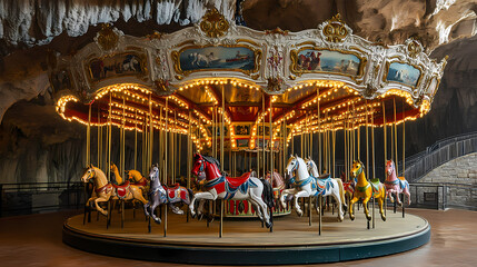 A vintage carousel with colorful horses, sits in a cavernous indoor space with a rock ceiling. Cavernous. Illustration