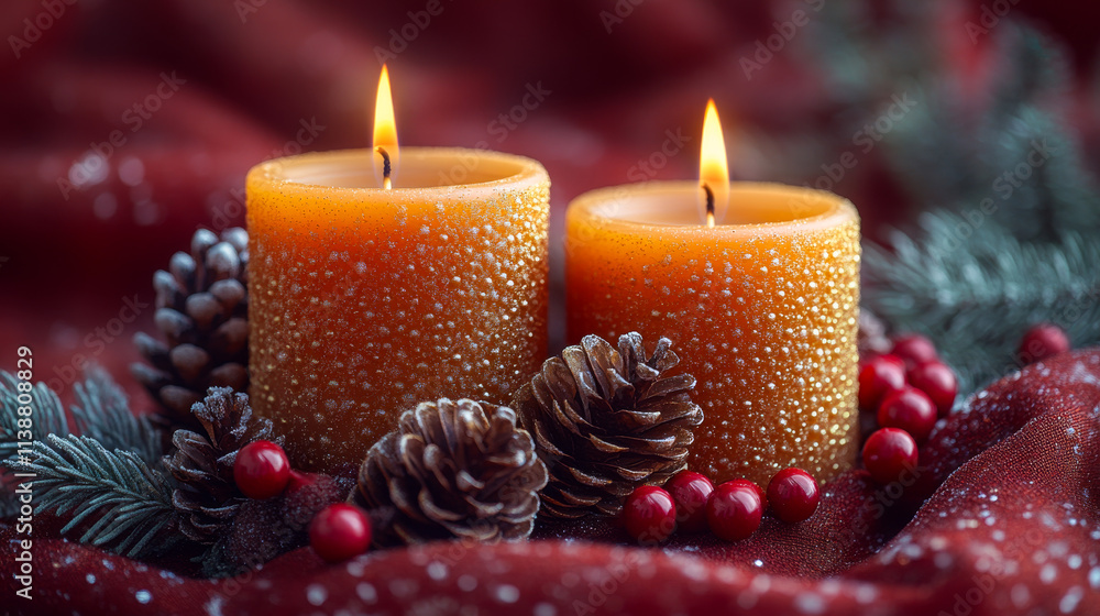 Poster two candles are lit on a red cloth with pine cones and berries. the pine cones and berries add a fes