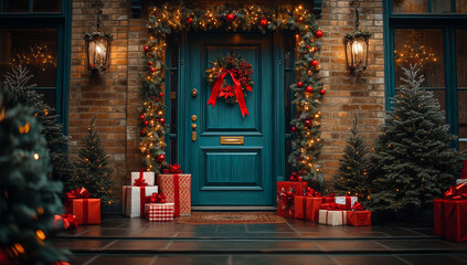 Fototapeta premium A blue door with a wreath and red ribbon on it. The door is decorated with Christmas lights and a wreath. There are several boxes of presents on the porch, and a few trees are also present