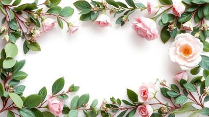Fototapeta premium Rose flower and green leaves arranged in a circular frame, ideal for wedding invitations or floral designs, decoration, romantic, green
