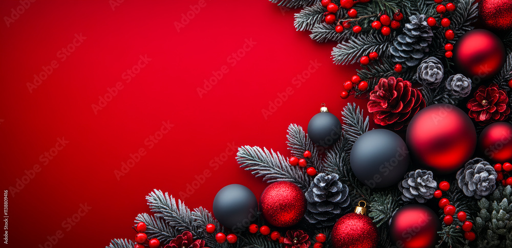 Poster a red background with a christmas tree decoration. the tree is made up of red and black ornaments