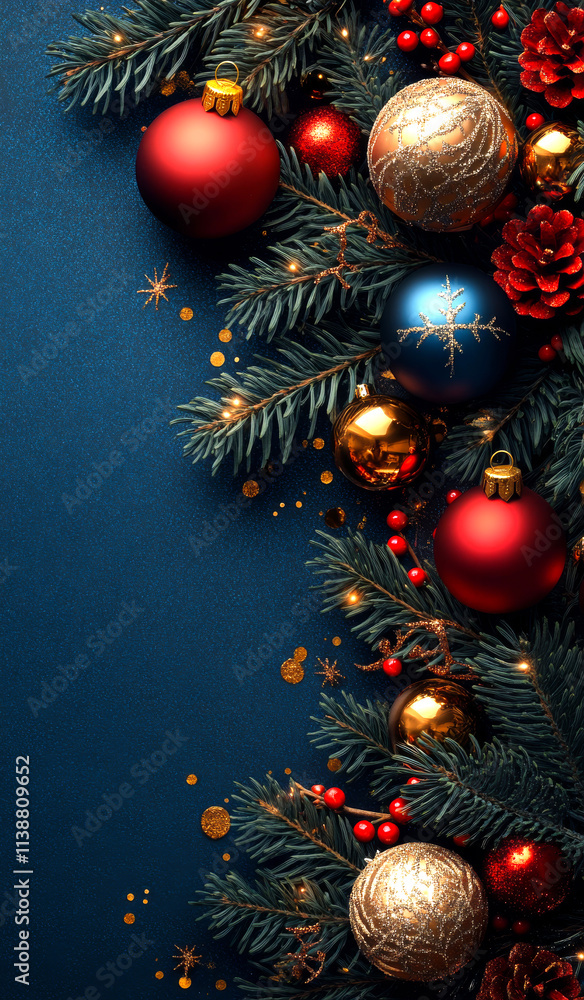 Aufkleber a blue background with a tree and a bunch of christmas ornaments. the ornaments are of different col