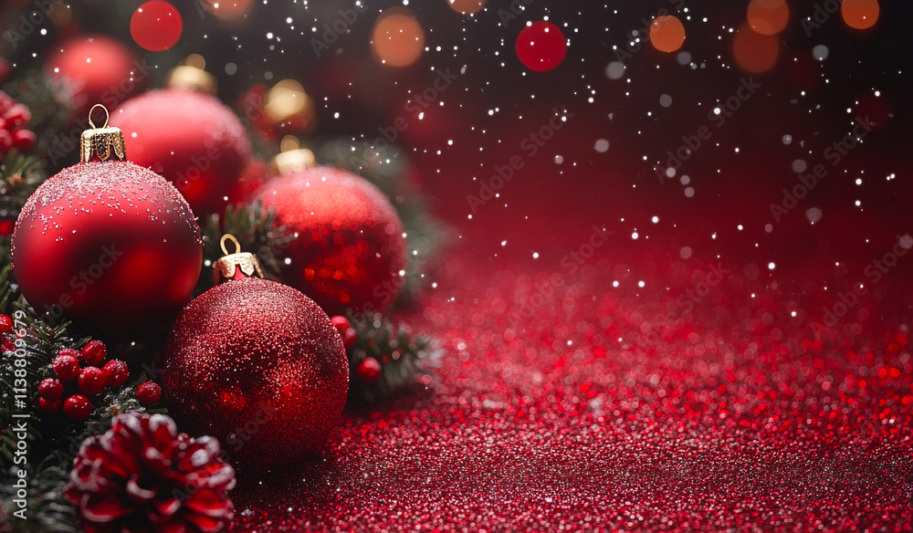 Poster a red background with a bunch of red christmas ornaments. the ornaments are arranged in a way that t