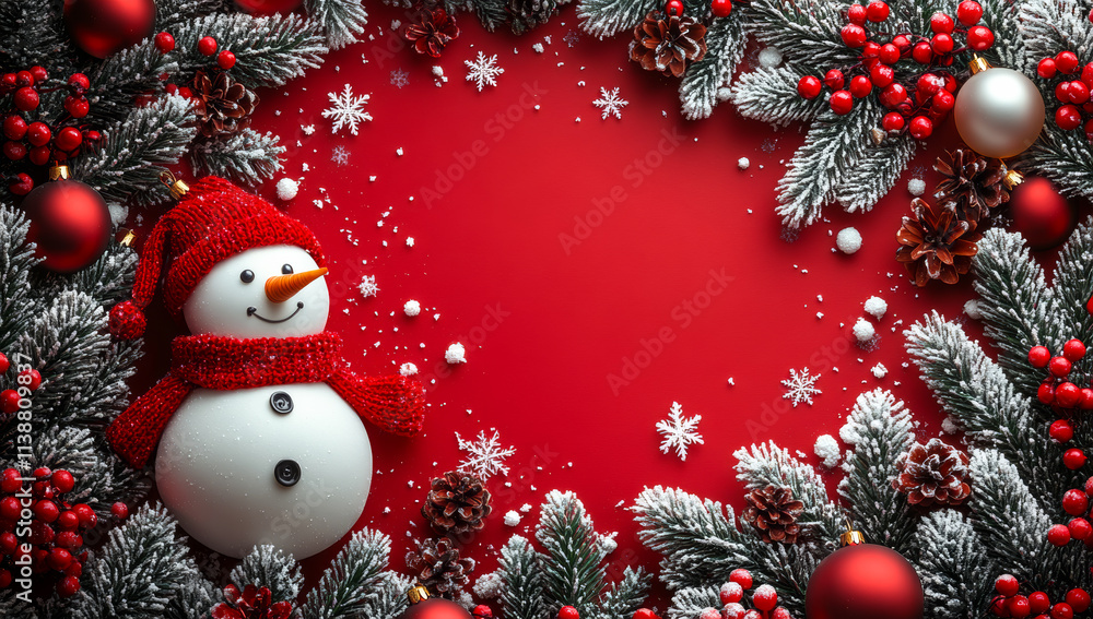 Poster a snowman is standing in front of a red background with snowflakes and pine needles. the snowman is 