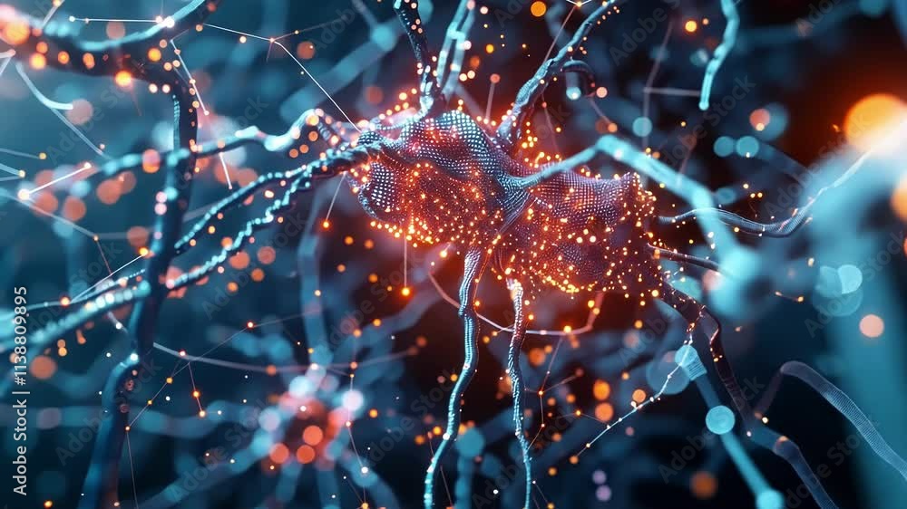 Poster glowing particles form a complex neural network, symbolizing the intricate connections and data flow