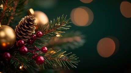 Christmas Decorations Featuring Fir Branches in a Green and Gold Color Scheme, Captured from a Straight Angle Against a Light Background with Dark Green Accents, in Photorealistic Detail