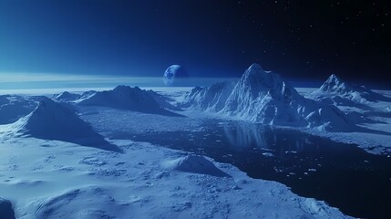 Stunning Space Landscape with Icy Mountains and a Distant Planet under a Starry Sky, Capturing the Beauty of an Alien World in Deep Space Exploration
