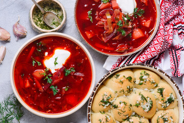 Traditional Ukrainian pampushki with borsch.style rustic