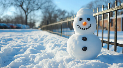 Obraz premium A snowman with a carrot nose and a smile on his face stands in the snow. The snowman is surrounded by a fence and is located in a parking lot