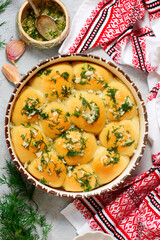 Traditional Ukrainian pampushki with borsch.style rustic