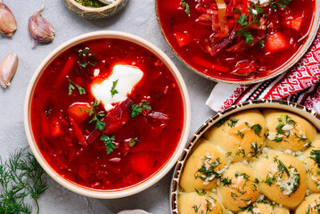 Traditional Ukrainian pampushki with borsch.style rustic