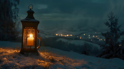 candle lantern / lamp in deep snowy landscape.