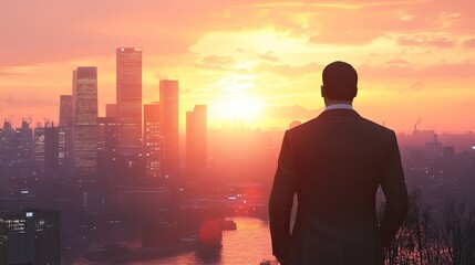 Fototapeta premium Businessman Contemplating City Skyline at Sunset