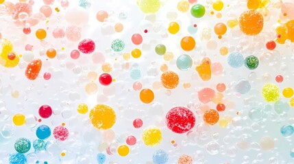 Colorful bubbles of various sizes floating against a white background, creating an abstract design that evokes joy, playfulness, and creativity for a vibrant visual effect.