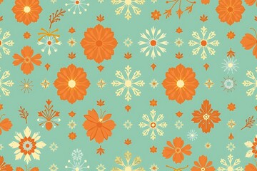 Winter Bloom Teal Pattern: A charming seamless pattern featuring orange flowers and snowflakes on a teal background. Perfect for textile design, wallpaper, or festive crafting projects.