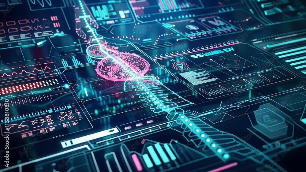 Poster analyzing complex medical data on futuristic interface with dna visualization and charts, suggesting