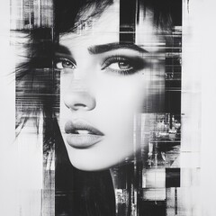 High Contrast Black and White Portrait of a Woman with Abstract Elements