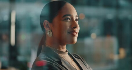 Future, thinking and vision with business woman at window in office for inspiration or job opportunity. Idea, mindset and planning with professional employee in corporate workplace for growth - Powered by Adobe