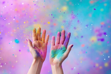 A close-up shot of hands covered in vivid Holi powders, as participants joyfully clap and throw colors, with a blurred background of festive celebrations and colorful clouds in the air
