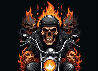 Vector t-shirt design with biker with human skull
and fire on black background.
Fashionable print for fabric, paper, men clothing,
hoodie, biker jacket. T shirt template with flame.