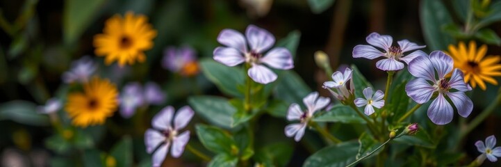Fototapeta premium Vibrant purple flower petals and leaves close-up with soft focus, garden, flora