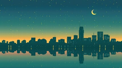 City skyline reflected in calm water at night under a crescent moon and starry sky.