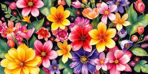Vibrant watercolor illustration of various flowers in bloom, beautiful, nature, artistry