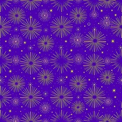 Purple Night Sparkle: A seamless pattern design featuring golden firework bursts on a rich purple background, perfect for festive celebrations and adding a touch of magic to any project. 