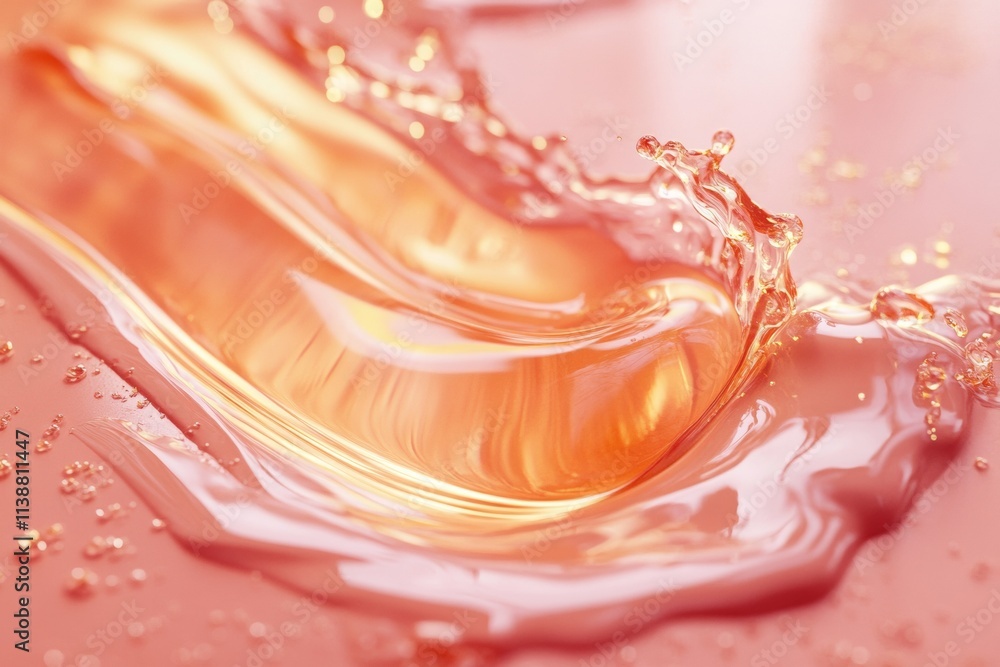 Poster a vivid liquid splashes gracefully against a coral background, showcasing soft curves and bubbles, c