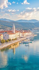 Scenic coastal view with buildings, boats, and mountains in the background.