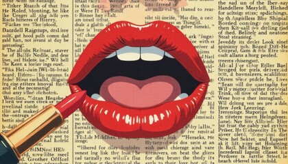 Bold red lips against vintage newspaper showcasing a striking artistic expression