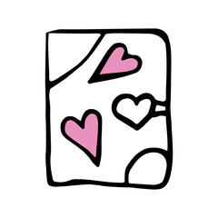 Notebook with pink hearts in doodle style on white background