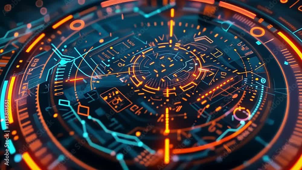 Poster futuristic glowing head up display - hud - element visualizing complex data processing with orange a
