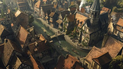 Obraz premium Aerial view of a charming medieval town with canal, bridge, and traditional architecture.