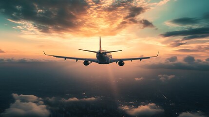 Naklejka premium Airplane Above Clouds at Sunset. Concept of Travel, Adventure, and Freedom.