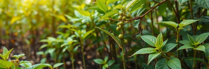 Young coffee bean seedlings growing in a beautiful green nature background, trees, background