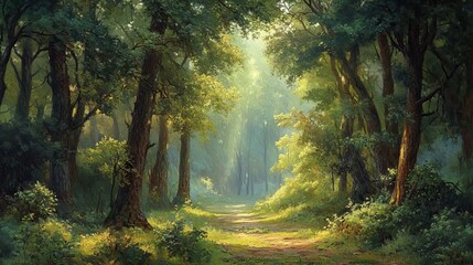 Sunlight through green trees in a serene forest, a peaceful scene of natures beauty