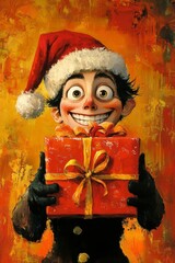 Elation adult human man in a red holiday hat with huge getaway box in hands. Gleeful noel 3d model. Gift box magic. Adult holiday spirit. Merry christmas sign. 3d gift wrapping. Merry sant.