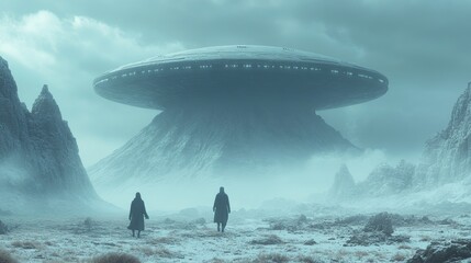 Two people walking in a snowy desert with a large