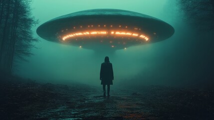 A person stands in the woods looking up at a large, glowing UFO