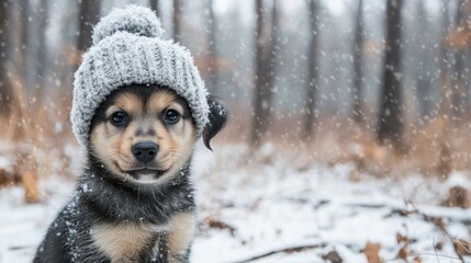 Puppy wearing gray hat in snowy woods.
