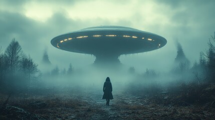 A person is walking through a foggy forest with a large