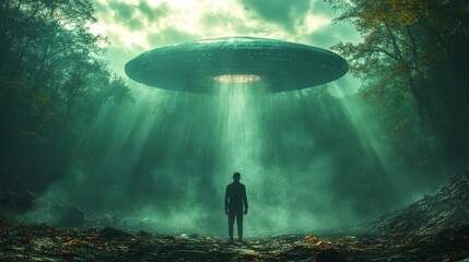 A man stands in front of a large green object in the woods