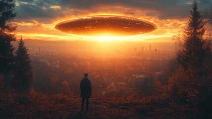 A man stands on a hill looking at a large, glowing object in the sky