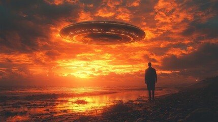 A man stands on a beach looking at a large, glowing