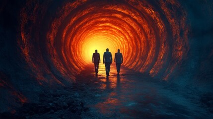 Fototapeta premium Three people walking through a tunnel with a bright orange light at the end