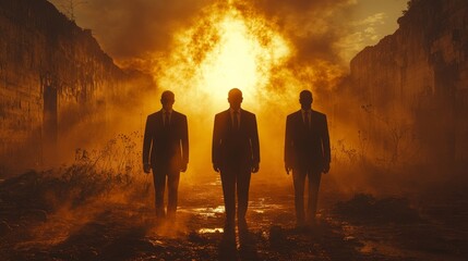 Fototapeta premium Three men in suits walking through a burning field