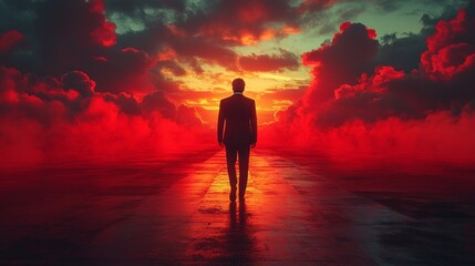 Obraz premium A man is walking in a field of red smoke